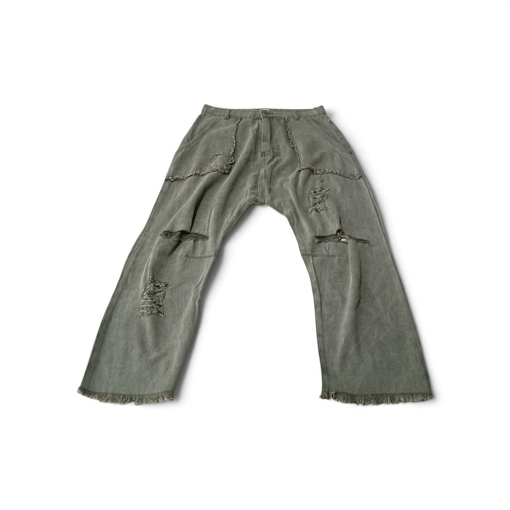 POL Distressed Drop Crotch Jeans Washed Boho Western Chic Frayed Wide Leg Large